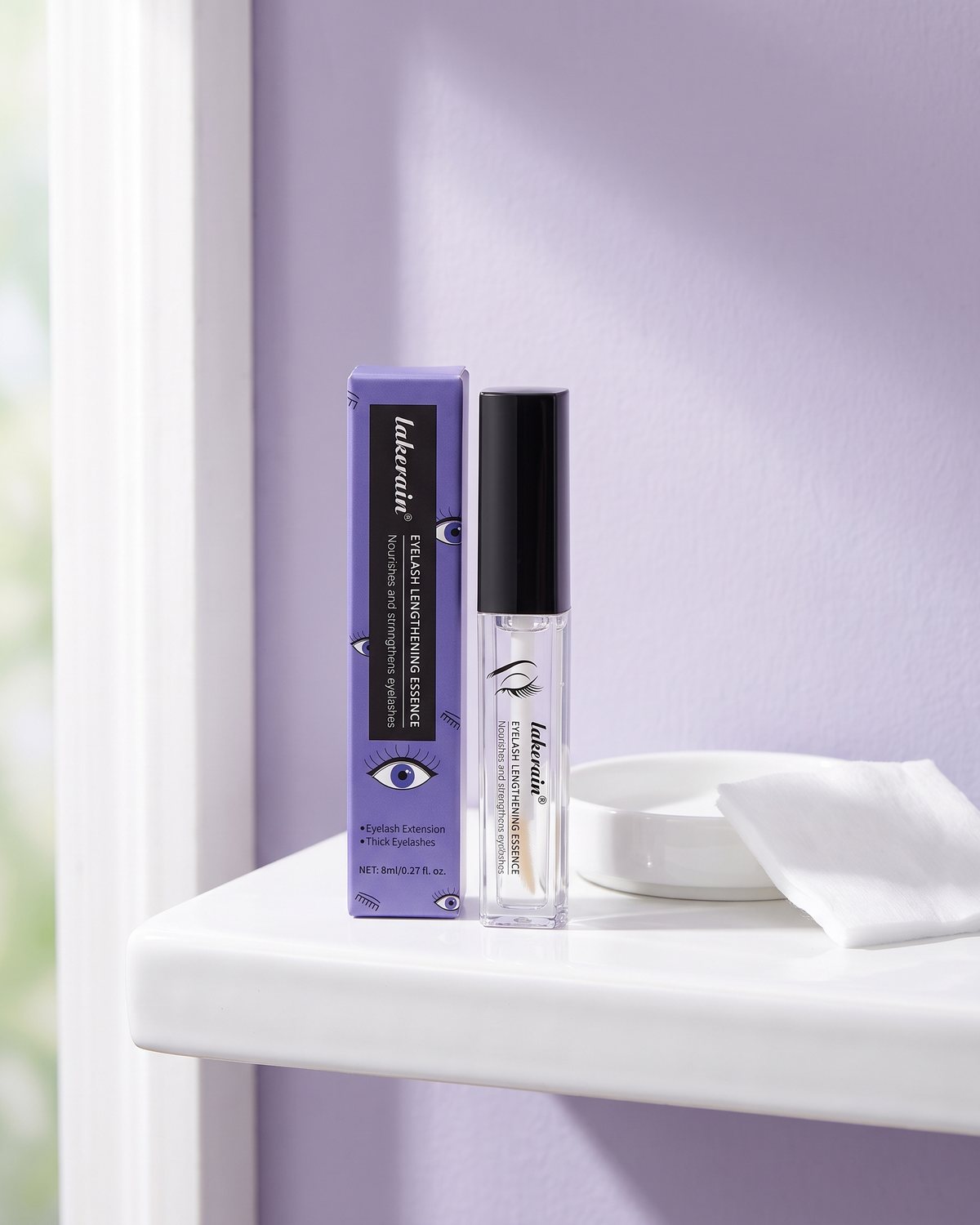 Lavina lash serum on a bathroom shelf